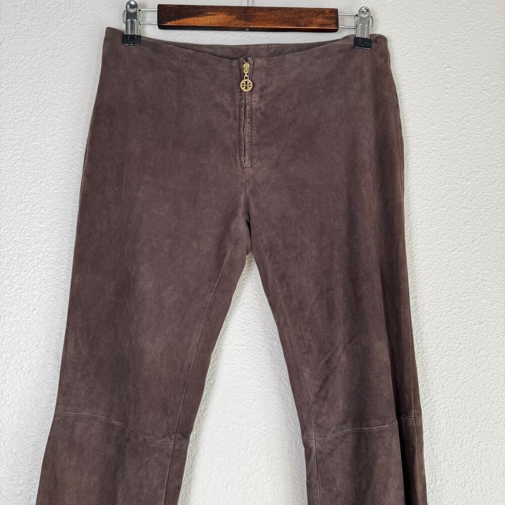 tory burch | brown 100% genuine leather zip flare leg women's luxury pants sz 2 - Picture 2 of 10